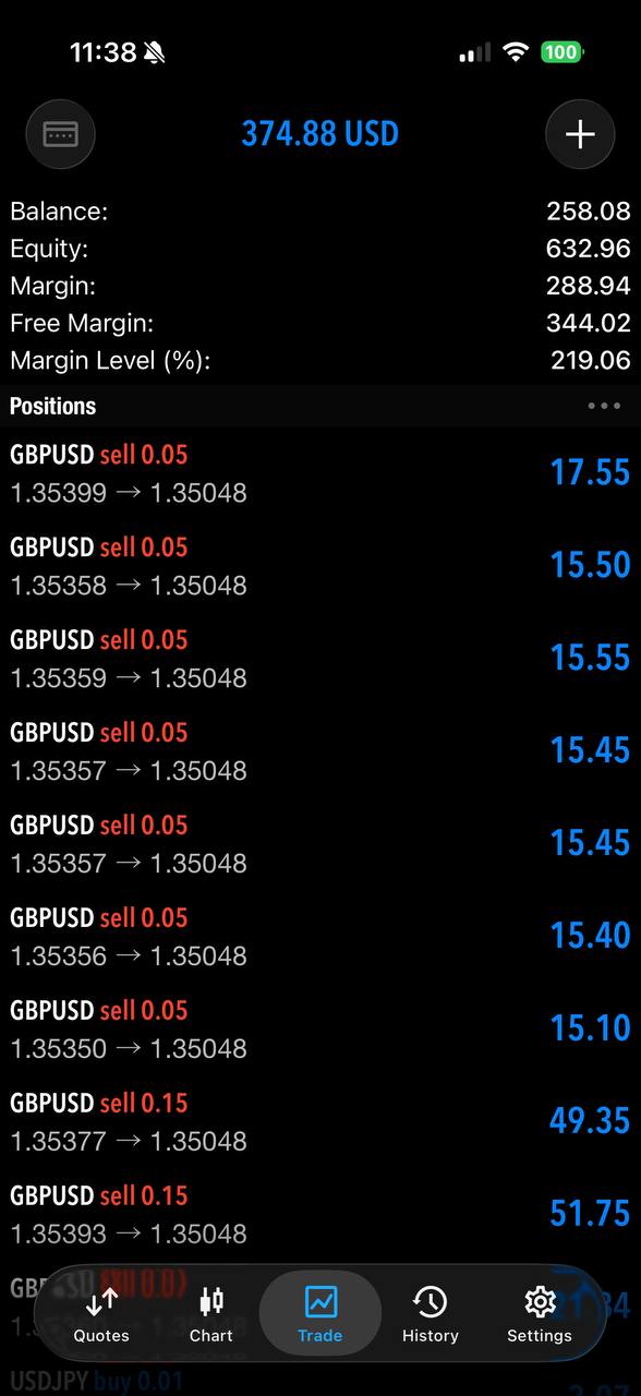 MetaTrader positions screen shared by Hudson.