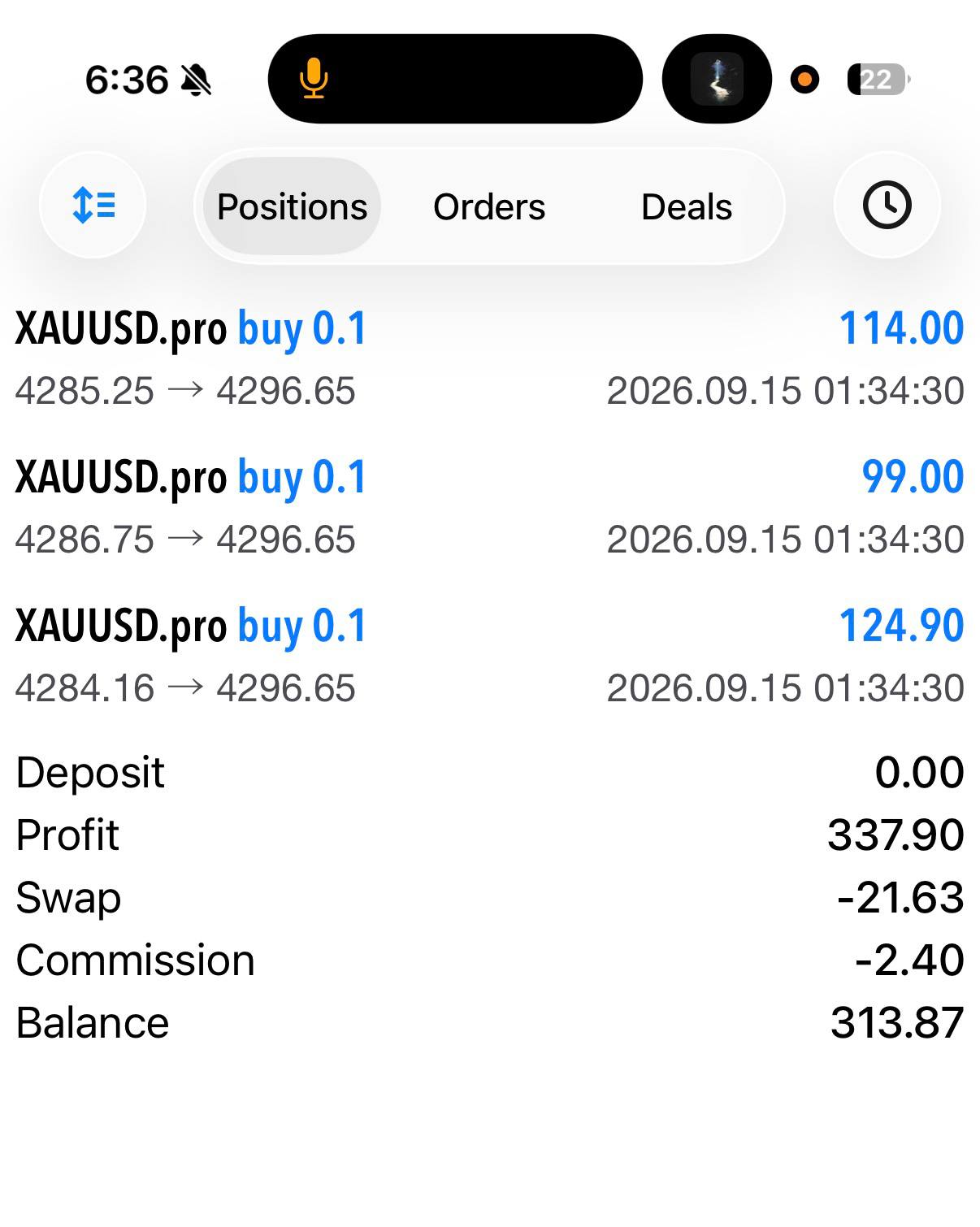 MetaTrader trade history screen shared by Coops.