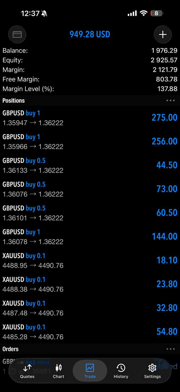MetaTrader positions screen shared by Douglas C..
