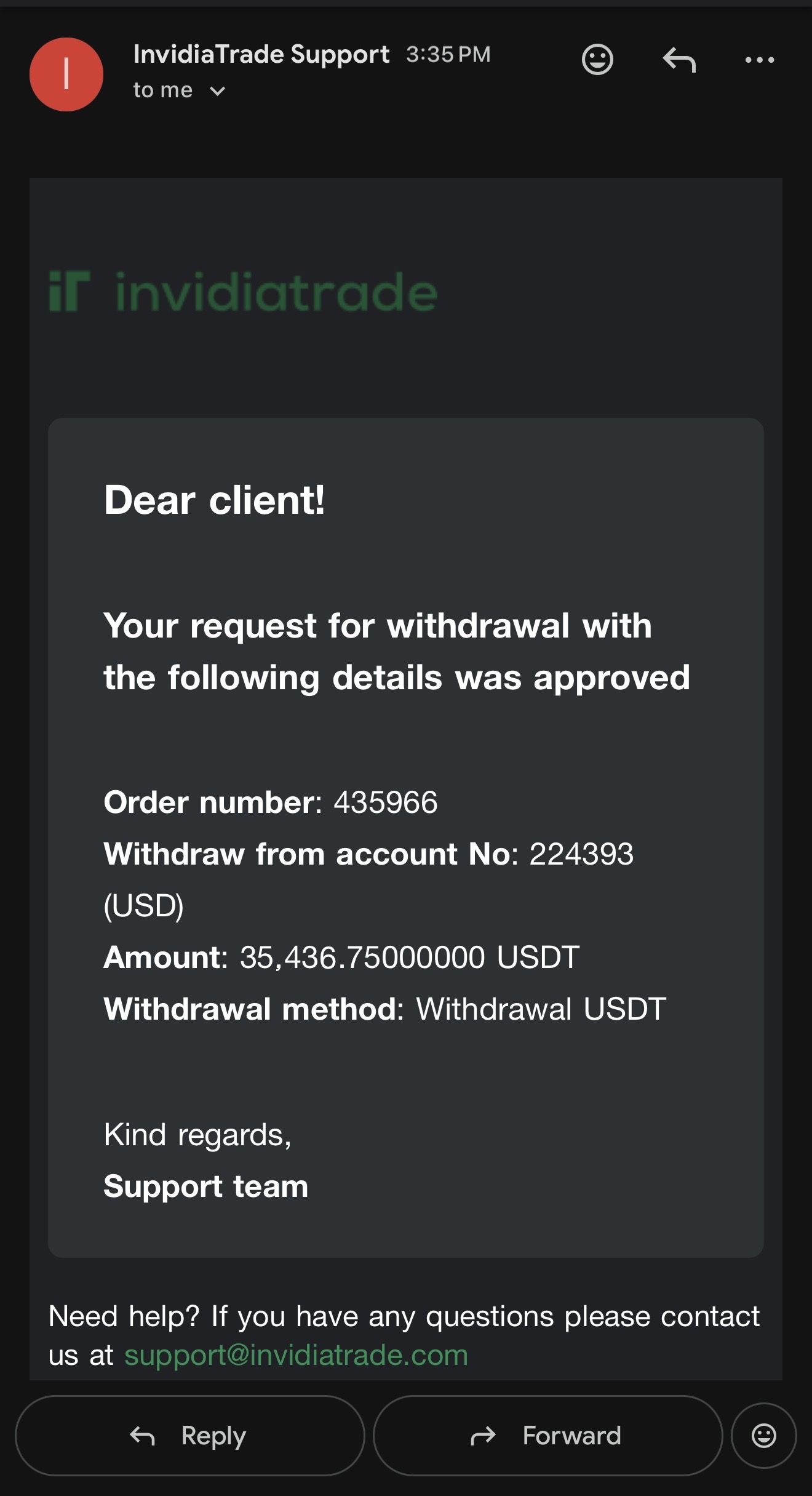 InvidiaTrade withdrawal approval for 35,436.75 USDT.