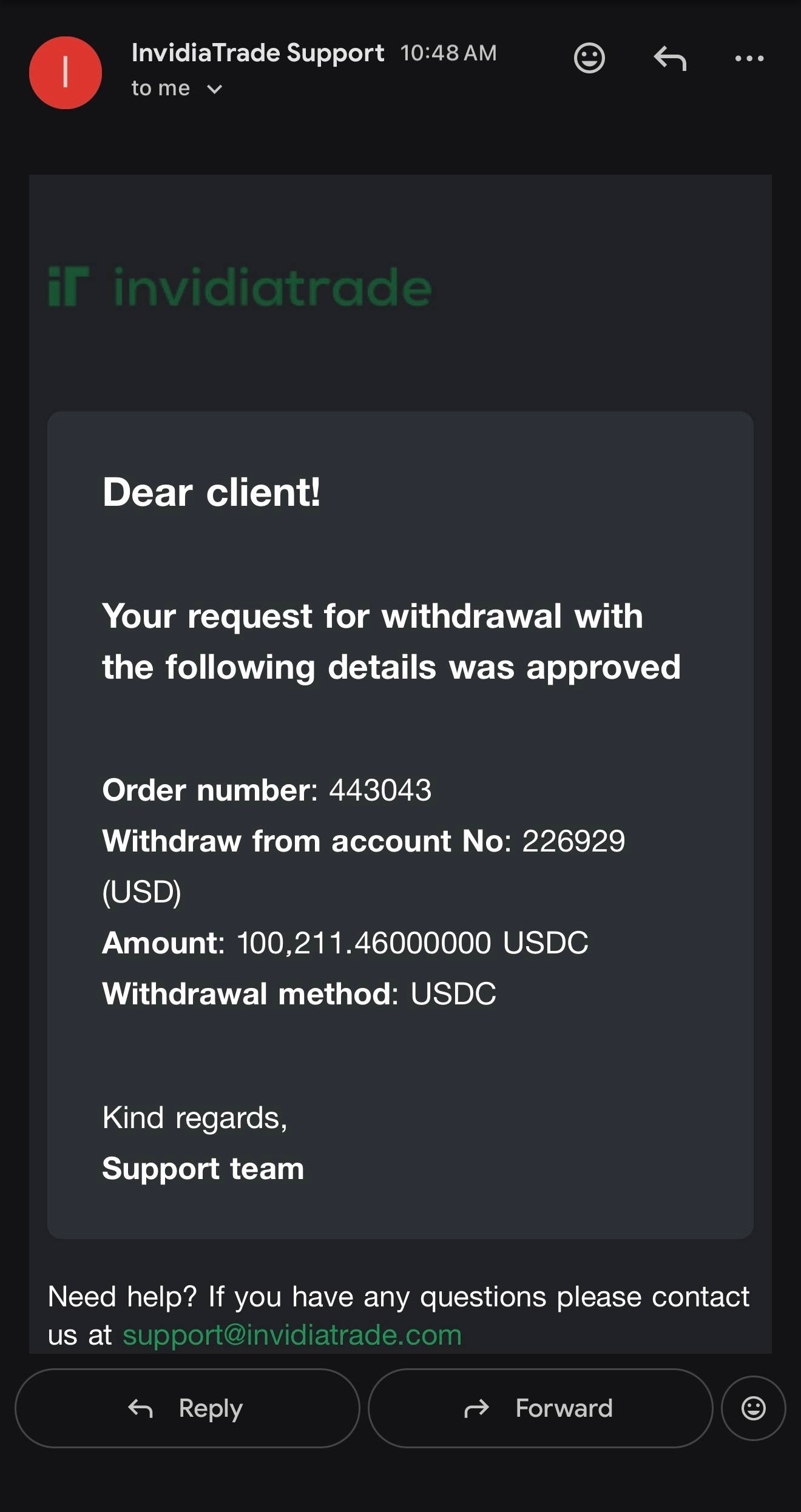 InvidiaTrade withdrawal approval for 100,211.46 USDC.
