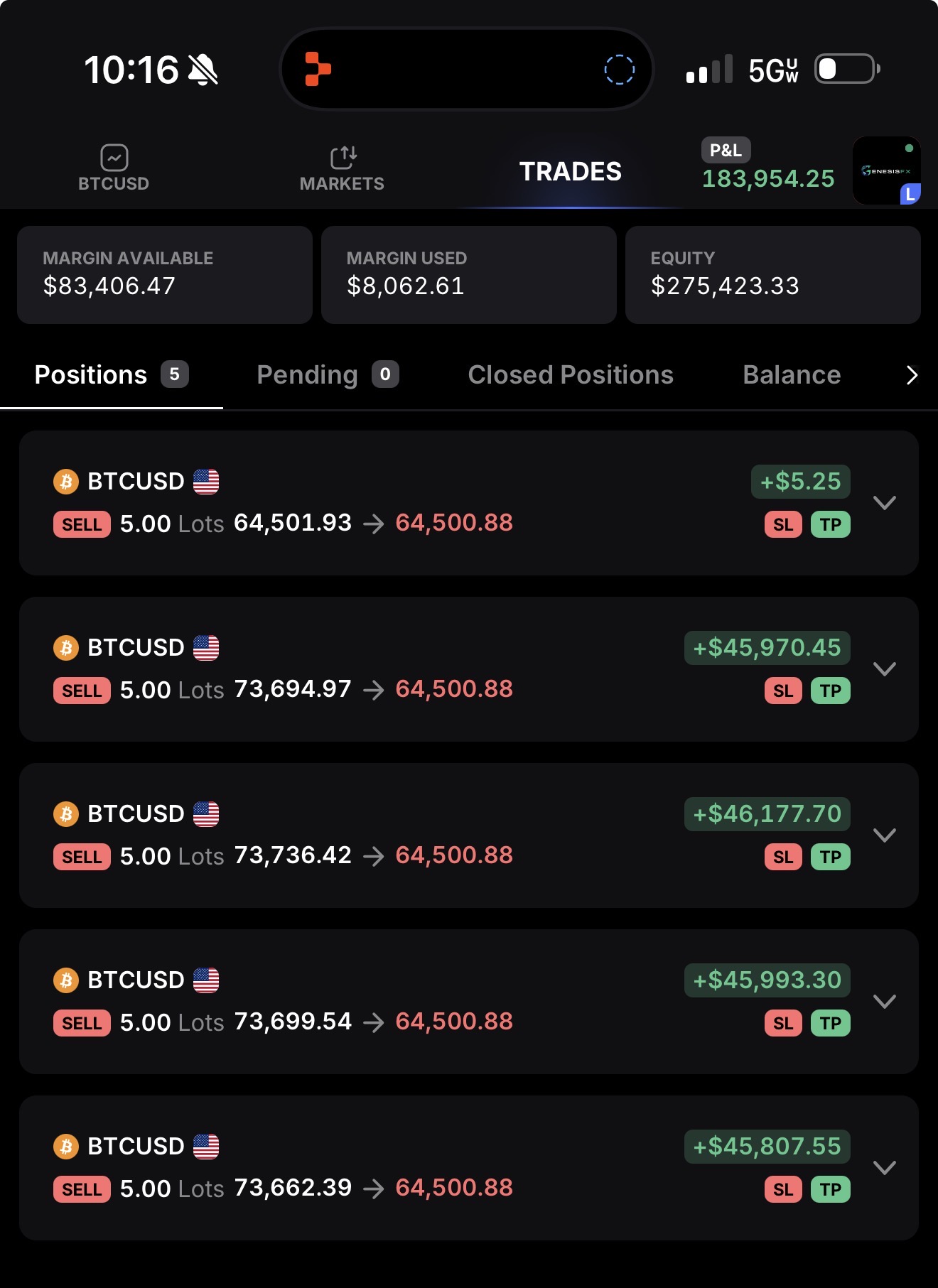 BTCUSD screen showing +$183,954.