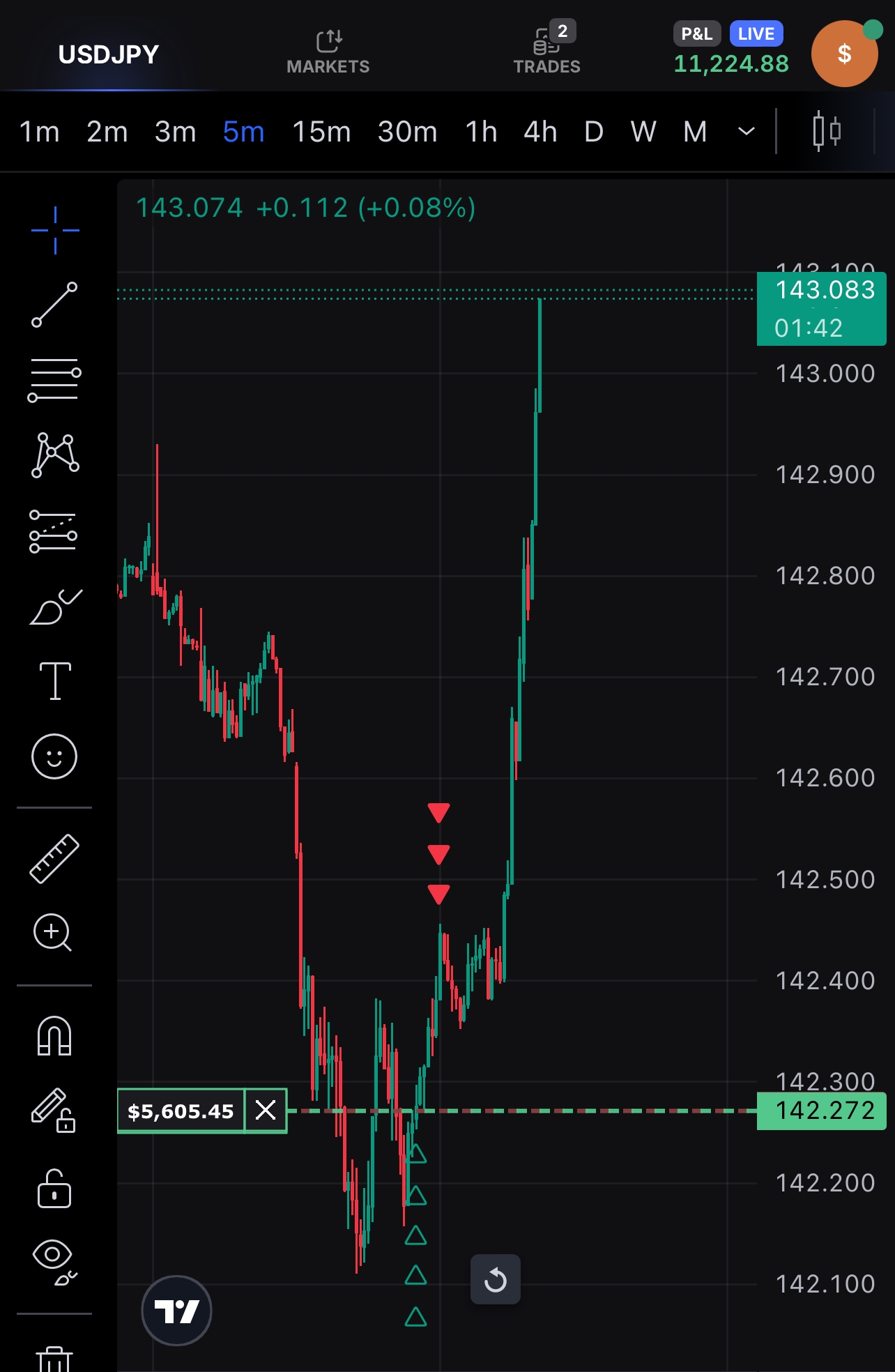 USDJPY screen showing +$11,225.