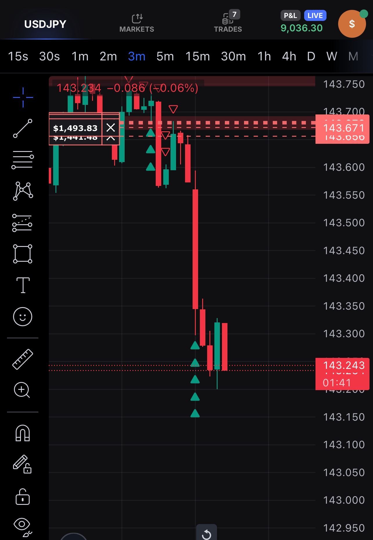 USDJPY screen showing +$9,036.